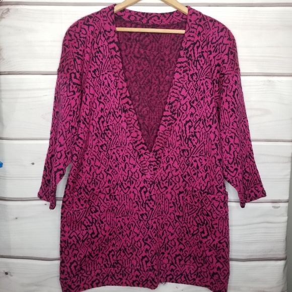 Vintage Sweaters - Oversized Magenta and Black Deep V Sweater